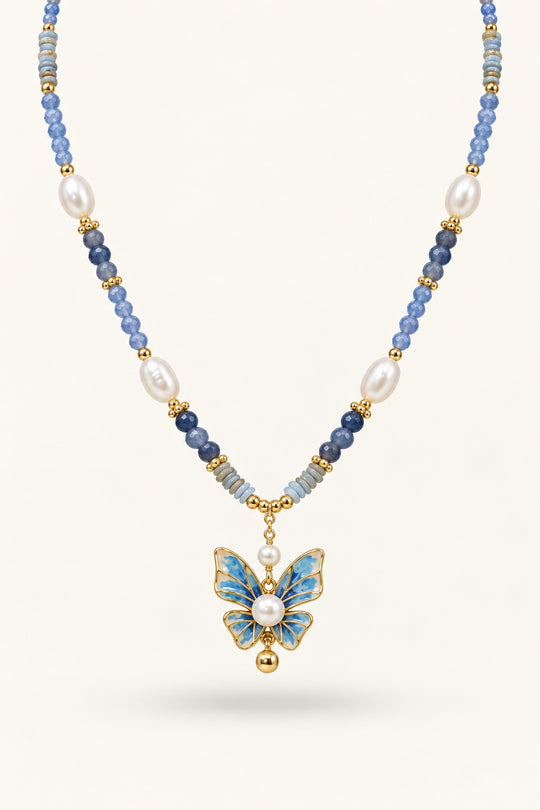 APAERZ PAPILLON Halskette mit Schmetterlingsanhänger, Süßwasserperlen und blauen Natursteinen