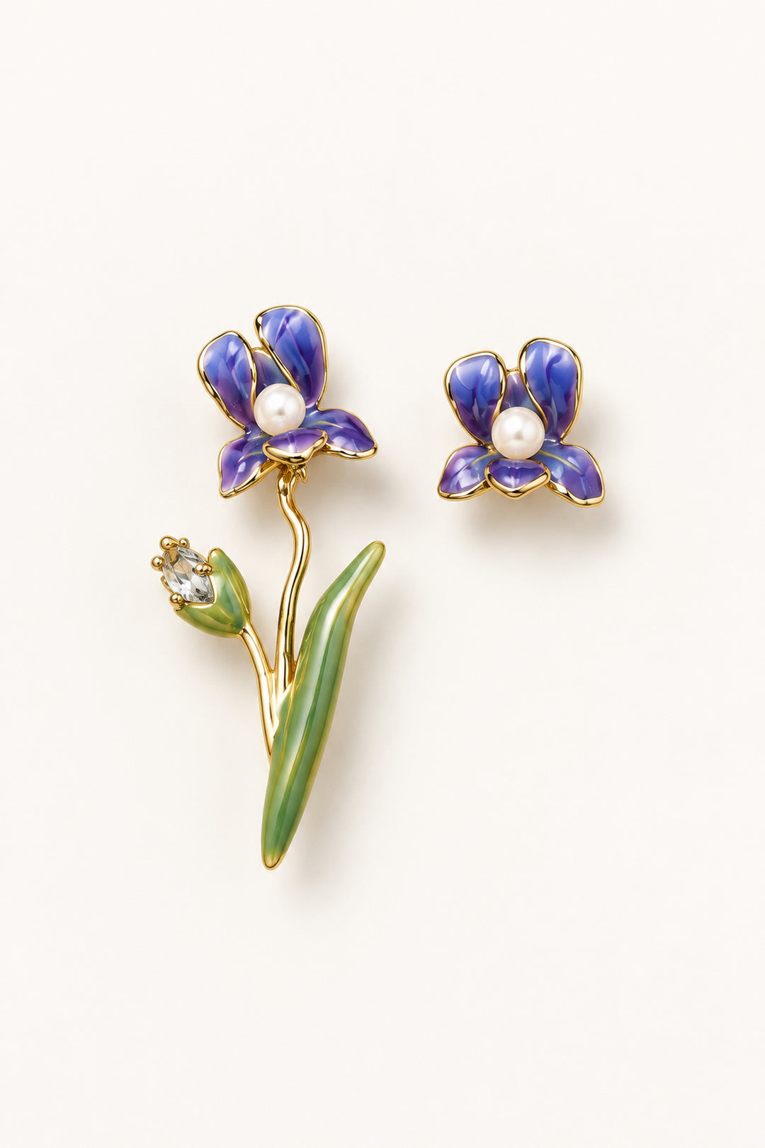 APAERZ ALICE’S GARDEN asymmetrische Ohrstecker mit violetten Blüten, Süßwasserperlen und grünem Blütenzweig