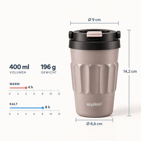 EPPIKAN eppiCafé 400 ml Thermobecher mit Größen- und Isolierangaben