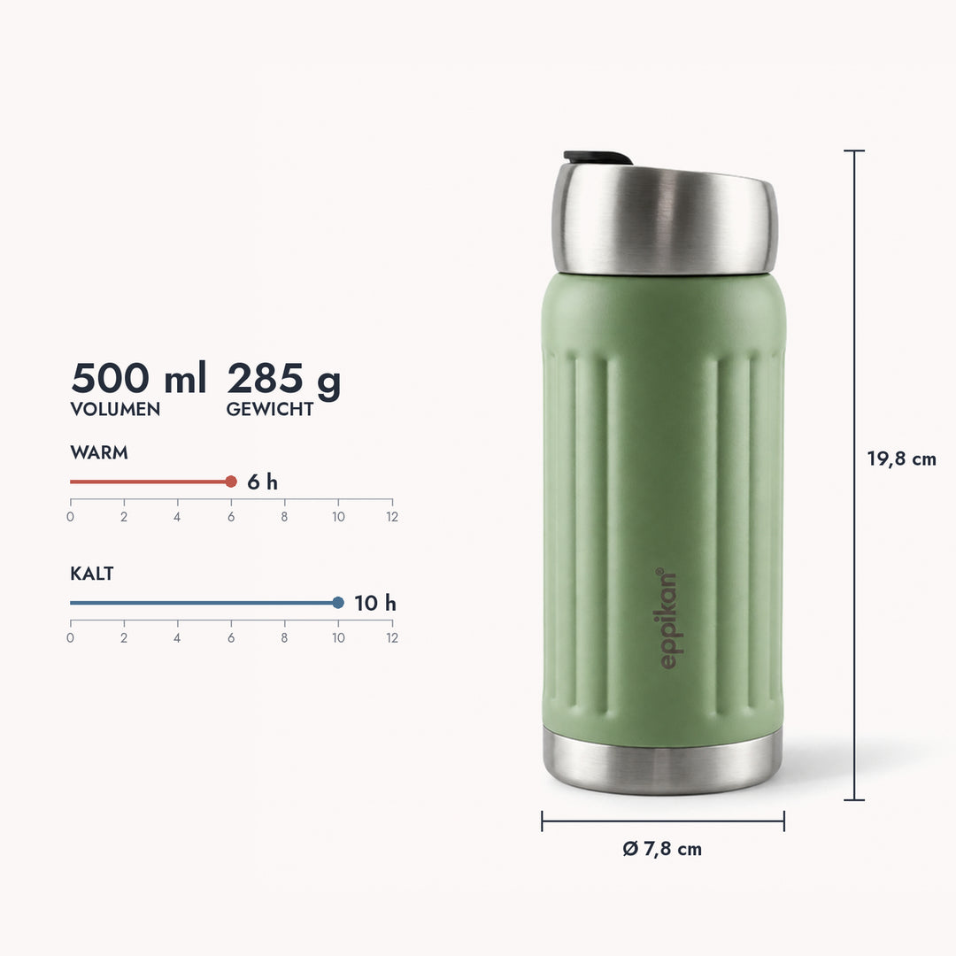 EPPIKAN eppiGrand 500 ml Thermoflasche mit Größen- und Isolierangaben