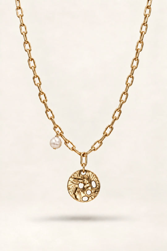 APAERZ SOLÉA Halskette mit Sonnenmedaillon und Süßwasserperle in Gold