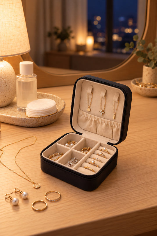 Geöffnete APAERZ Schmuckbox mit Schmuck auf einem Schminktisch bei warmem Abendlicht