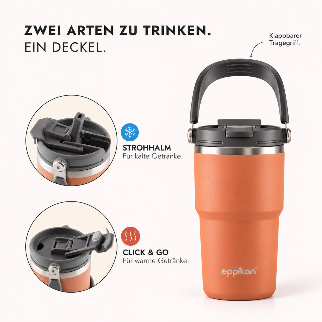 EPPIKAN eppiDuo Thermobecher mit zwei Trinkmöglichkeiten und klappbarem Tragegriff